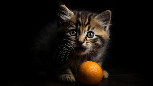 Lindo gatinho siberiano com laranja em estúdio em backgroundgenerative ai preto