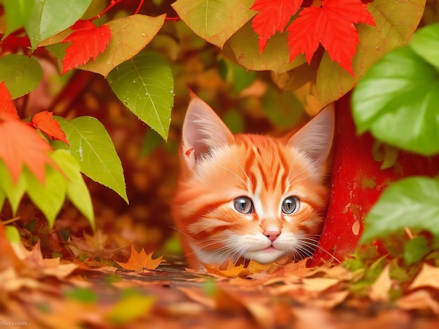 Lindo gatinho vermelho se escondendo da chuva sob as folhas geradas por ai