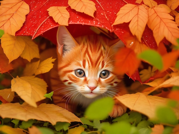 Lindo gatinho vermelho se escondendo da chuva sob as folhas geradas por ai