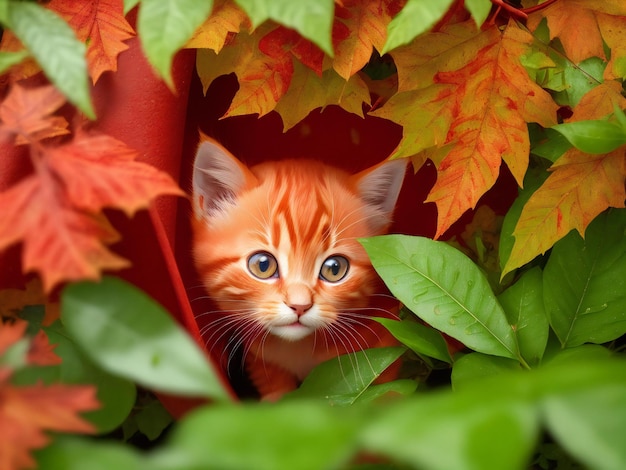 Lindo gatinho vermelho se escondendo da chuva sob as folhas geradas por ai