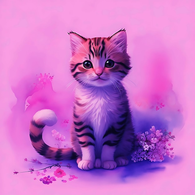 Lindo gatito Acuarela Fantasía de Tabby gato genial Lindo gato Pintura de acuarela Gato pequeño Generado AI