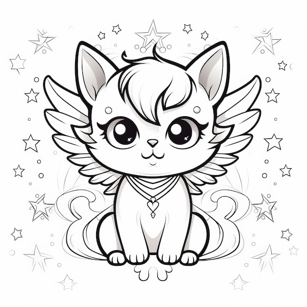 Lindo gatito con alas de hada Una página de libro para colorear al estilo Kawai en blanco y negro