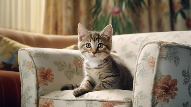 Foto lindo gatito atigrado sentado en el sofá de la sala de estar