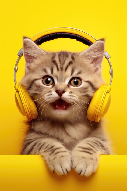 Lindo gatito con auriculares sobre fondo amarillo IA generativa