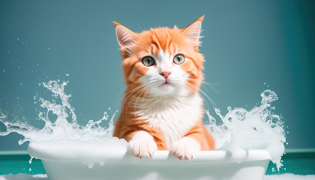 Lindo gatito en un baño con espuma IA generativa