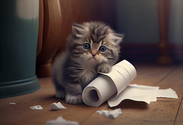 Lindo gatito en el baño rompió una pila de papel higiénico en el piso Generar Ai