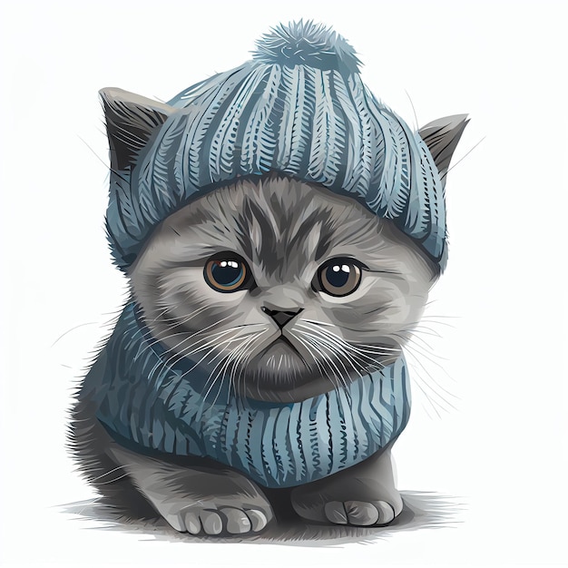 Lindo gatito en bebé británico de pelo corto con sombrero de suéter aislado fondo