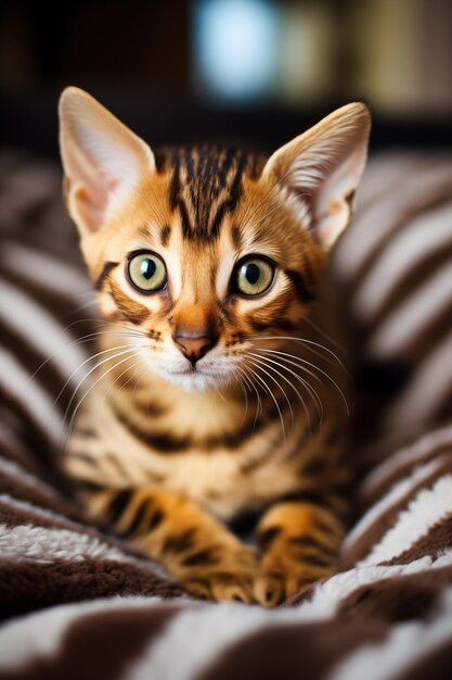 Un lindo gatito bengalí acostado en el sofá y mirando a la cámara