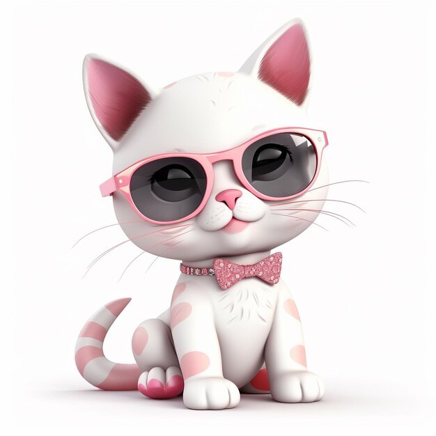 un lindo gatito blanco con una pajarita rosa sobre un fondo azul renderización 3D