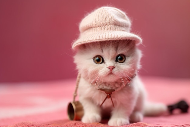 Lindo gatito blanco en un sombrero de punto y una pequeña bolsa sobre un fondo rosa Generado ai