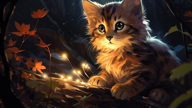 un lindo gatito en el bosque nocturno