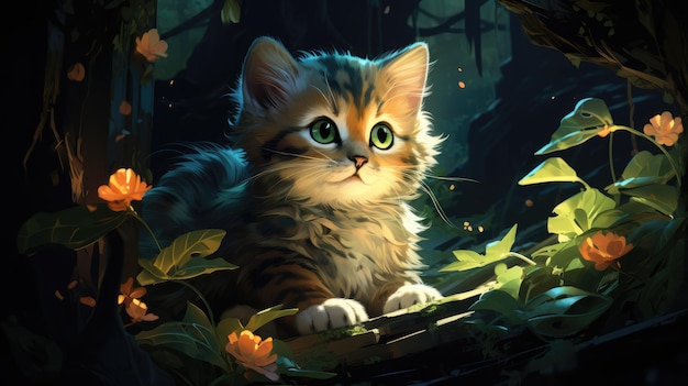 un lindo gatito en el bosque nocturno