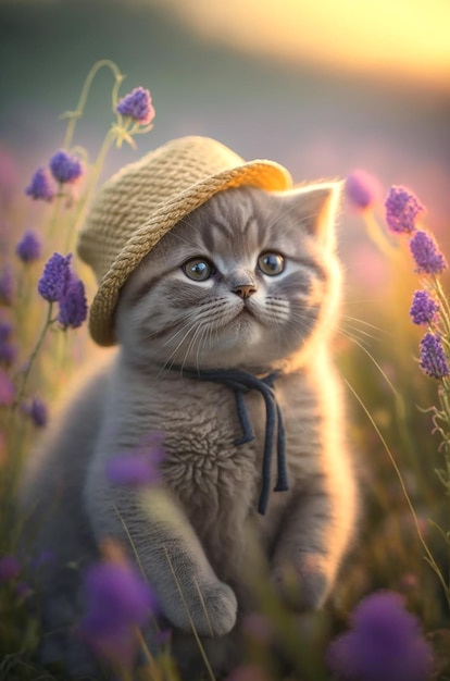 Lindo gatito británico de pelo corto con sombrero elegante en un soleado prado de flores silvestres Generativo A