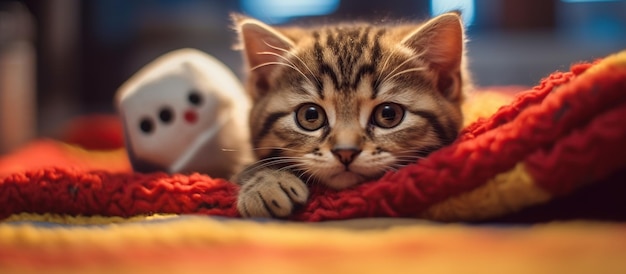 Lindo gatito británico yace sobre una madera debajo de una manta roja AI generativa