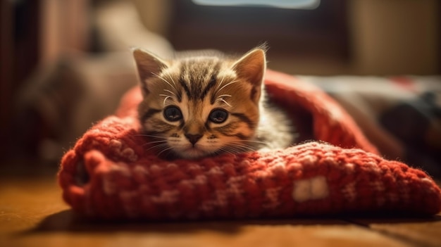 Lindo gatito británico yace sobre una madera debajo de una manta roja AI generativa