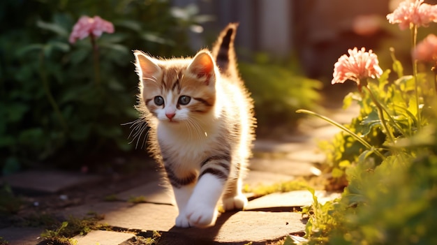 Un lindo gatito camina por un sendero soleado en un jardín de verano