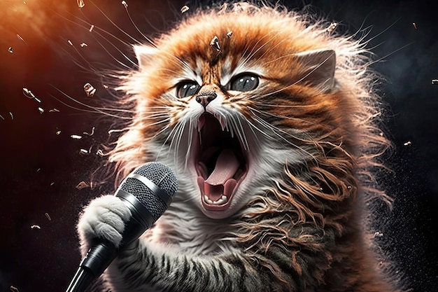 Lindo gatito cantando glam metal en el escenario