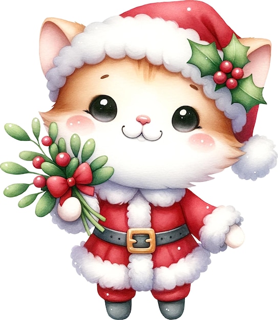 Lindo gatito caprichoso personaje de Navidad bufanda de muérdago acuarela aislada en blanco