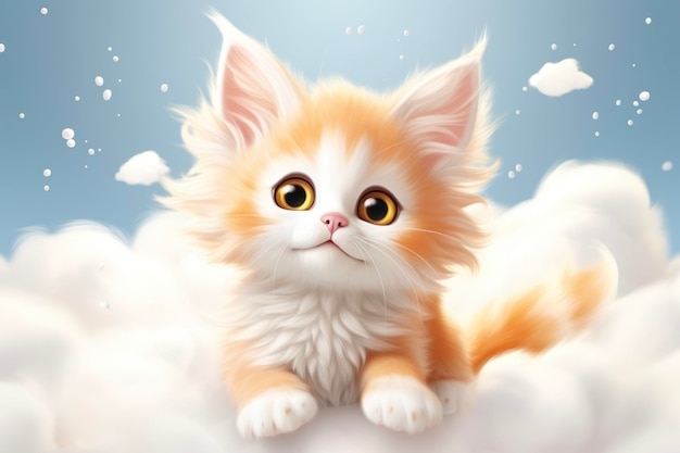 Lindo gatito de dibujos animados en nubes blancas