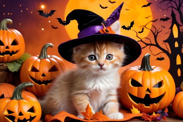 Lindo gatito disfrazado de Halloween con calabazas y murciélagos sobre fondo de otoño