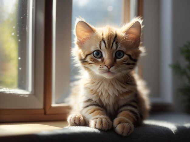 Lindo gatito doméstico se sienta en la ventana mirando afuera de la ai generativa