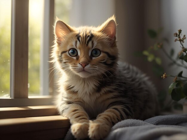 Lindo gatito doméstico se sienta en la ventana mirando afuera de la ai generativa