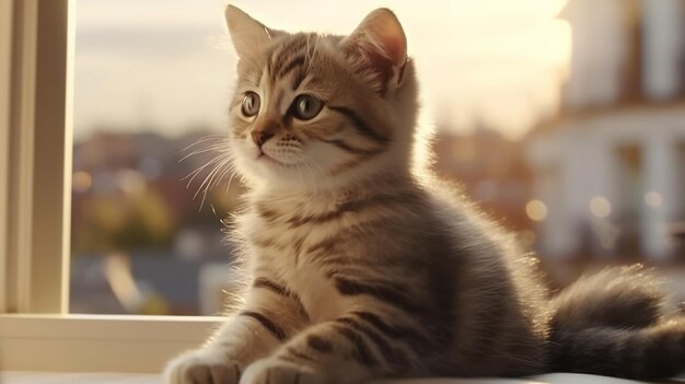 Lindo gatito doméstico se sienta en la ventana mirando afuera