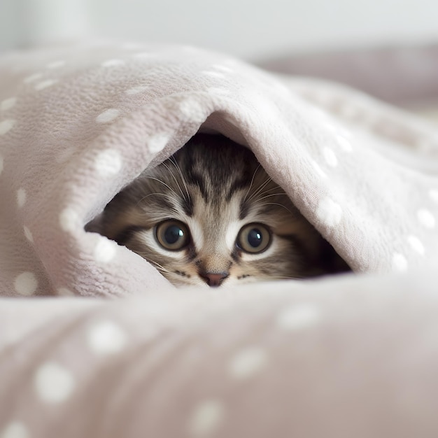 Lindo gatito escondido debajo de la manta generado por IA
