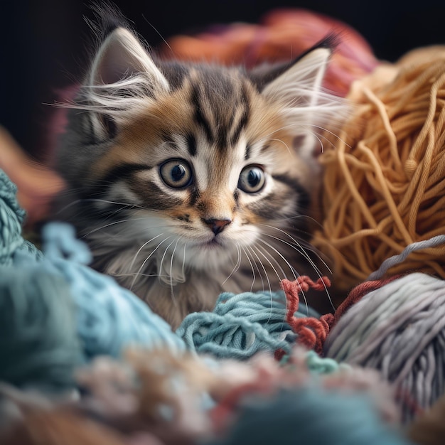 Lindo gatito escondido en una montaña de hilo generativo ai