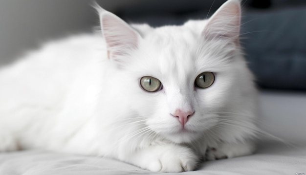 Lindo gatito esponjoso con ojos azules mirando a la cámara juguetonamente generado por inteligencia artificial