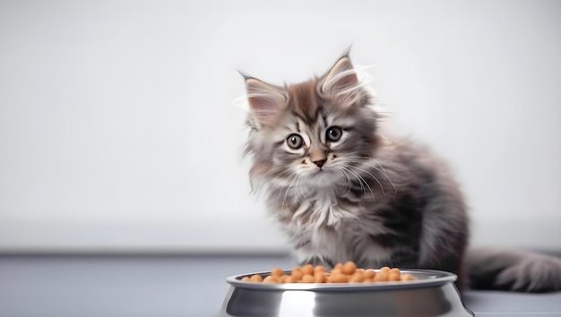 Lindo gatito esponjoso sentado cerca del plato de comida para mascotas IA generativa