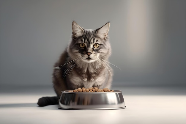 Lindo gatito esponjoso sentado cerca del plato de comida para mascotas IA generativa