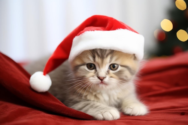 Lindo gatito festivo con un gorro de Papá Noel de Papá Noel