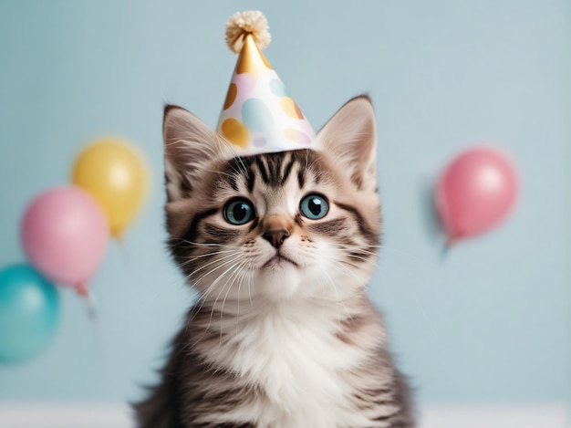 Lindo gatito gato con sombrero de cumpleaños fondo blanco