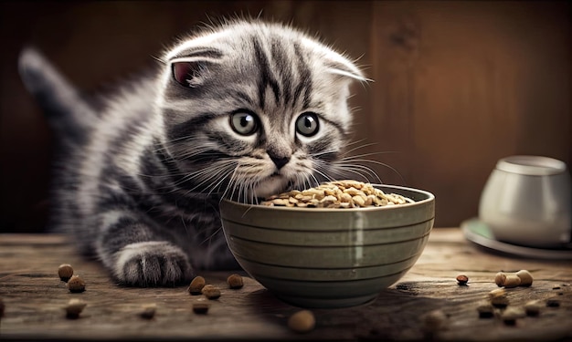 Lindo gatito gris comiendo de un tazón blanco en la cocina IA generativa