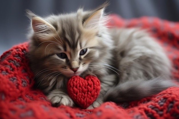 Lindo gatito gris esponjoso sosteniendo un corazón de punto rojo en sus patas tarjeta postal festiva para el día de San Valentín