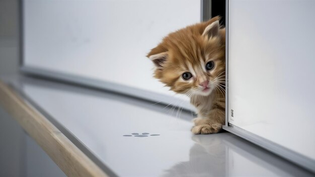 Un lindo gatito de jengibre se asoma desde el borde de un espacio de copia de tablero blanco