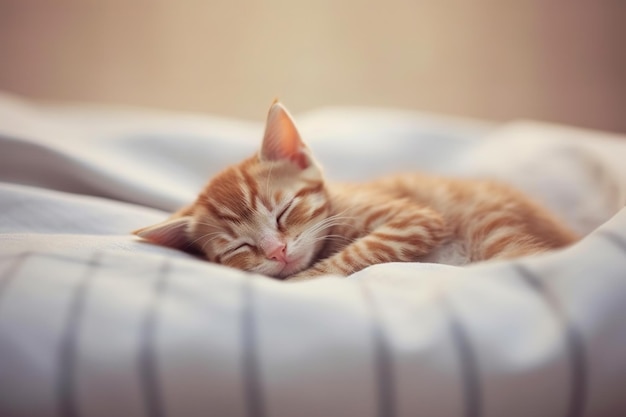 El lindo gatito de jengibre durmiendo en la cama en casa enfoque selectivo