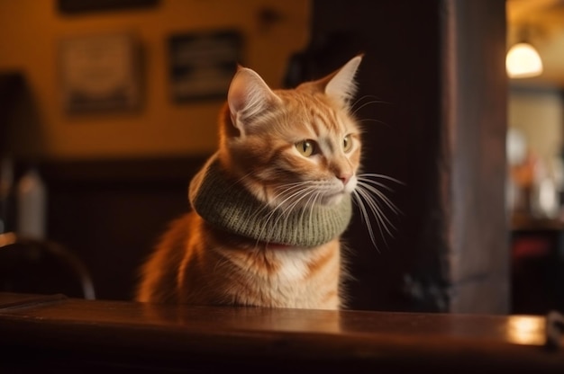 Lindo gatito jengibre con gorro de punto grueso en pub IA generativa