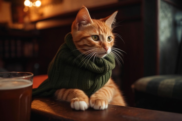 Lindo gatito jengibre con gorro de punto grueso en pub IA generativa