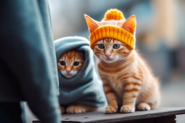 Lindo gatito de jengibre con gorro de punto en la mesa de madera en la cabaña del bosque IA generativa