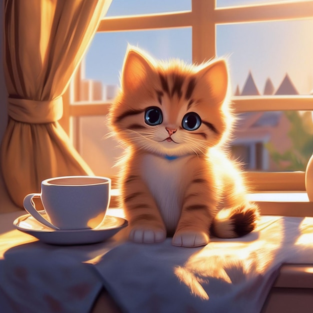 Lindo gatito jengibre con una taza de café en el alféizar de la ventana