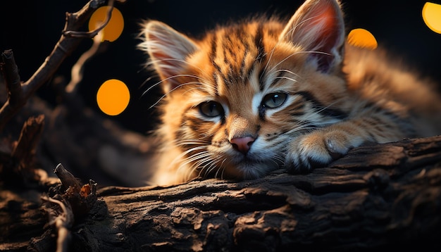 Lindo gatito jugando mirando la belleza de la naturaleza con pieles rayadas generadas por inteligencia artificial