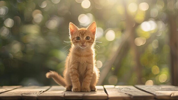 Un lindo gatito naranja sentado en una mesa de madera con el fondo de la naturaleza