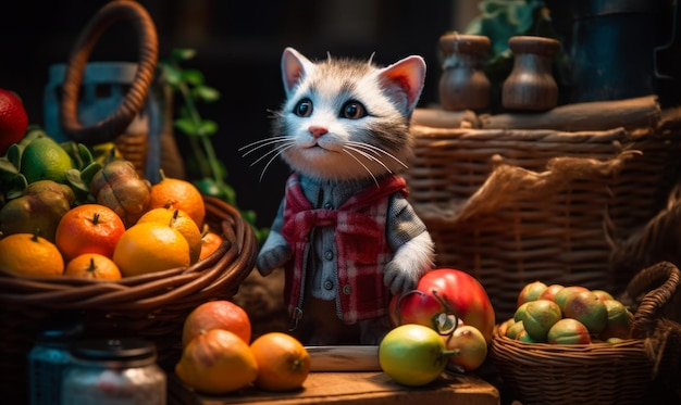 Lindo gatito de ojos grandes con chaqueta se encuentra entre las canastas de frutas Gato en la IA generativa del tendero verde