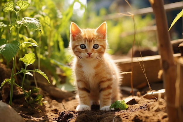 lindo gatito en pequeña granja gatito con mirada divertida