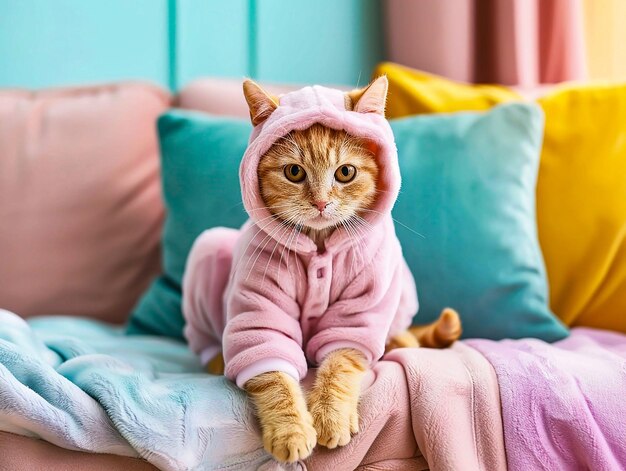 un lindo gatito de pug vestido con una camiseta en un sofá en una habitación colorida en el fondo