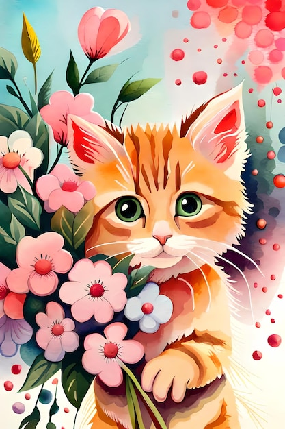 Lindo gatito con ramo de flores Estilo de pintura de acuarela Ilustración generativa de IA