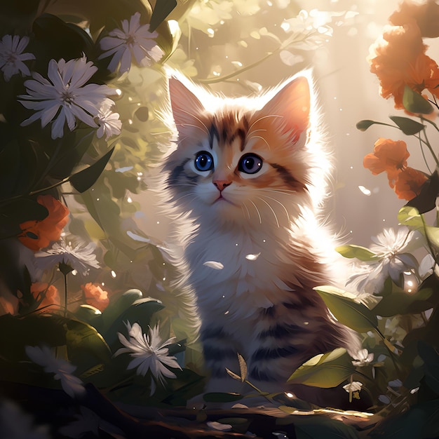 un lindo gatito rodeado de flores