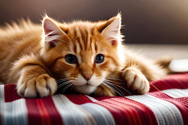 Lindo gatito rojo duerme sobre una manta blanca de piel gatito durmiendo sobre una manta de lana a cuadros gris con